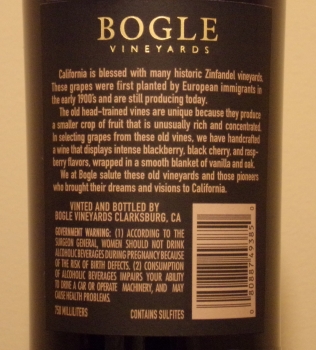 Bogle Old Vine Zinfandel Back Label